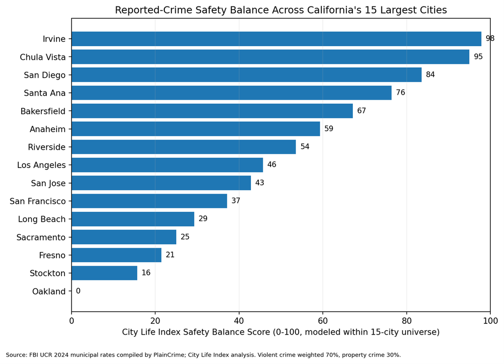 Safety ranking: Bar chart ranking California’s 15 largest cities by modeled reported-crime safety balance.
